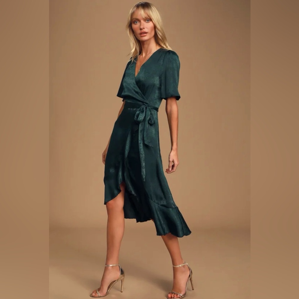 Lulu’s Wrapped Up In Love Dark Green Satin Faux-Wrap Midi Dress